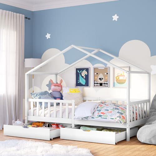 Bellabino Kinderbett Bia 90x200 cm, Hausbett Kinder mit 2 Schubladen inkl....