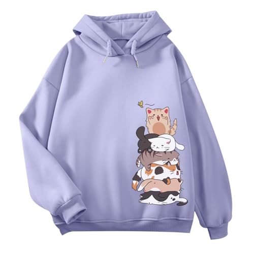 Tuislay Cute Cat Graphic Hoodies For Teen Girls Kawaii Cartoon Printed Hoodie Women Anime Print Hooded Sweatshirt Pullover(Purple,S)