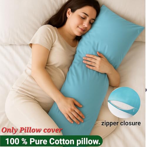 Image of 100% Cotton 600 TC Body Pillow Cover - Ultra Soft & Breathable Long Pillowcase | Zipper Closure | 20 inchx54 inch | Light Blue | Ideal for Pregnancy, Side Sleepers & Full Body Support