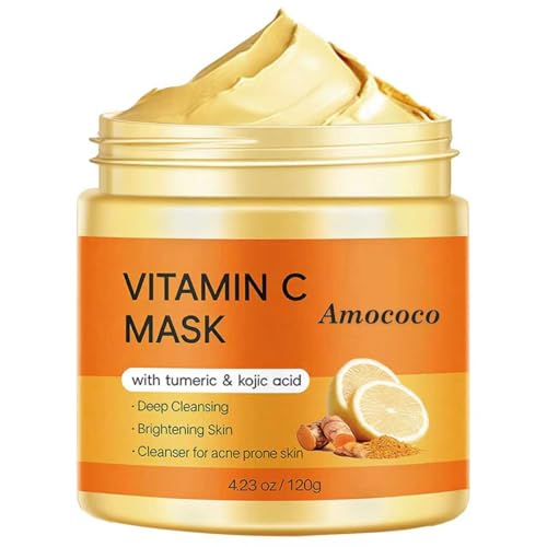 Amococo Vitamin C Face Mask with Turmeric & Kojic Acid, Fades Dark Spots & Evens Skin Tone, with Hyaluronic Acid & Collagen for Hydration, 4.23oz