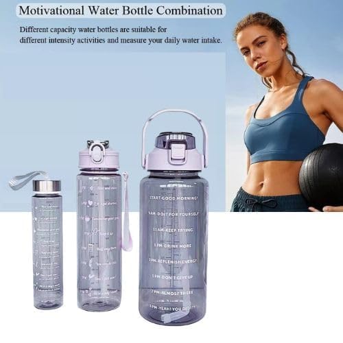 Image of TRANSPARENT 3-Pcs (2000ML-900ML-300ML) Water Bottle with Straw & Time Marker | Leak-Proof Sports Bottle for Gym, Office, School | Break-Resistant Silicone Bottle for Daily Hydration (Purple)