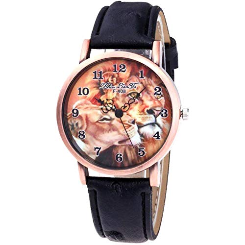 Preisvergleich Produktbild Damen-Armbanduhr, langlebiges Quarz-Uhrwerk, Persönlichkeit, Löwenkopf, Zifferblatt, legere Armbanduhr mit verschleißfestem PU-Leder, Schwarz