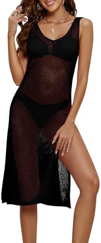 Women’s Crochet Cover Ups Hollow Out Sleeveless Swimsuit Coverup V Neck Summer Beach Dress