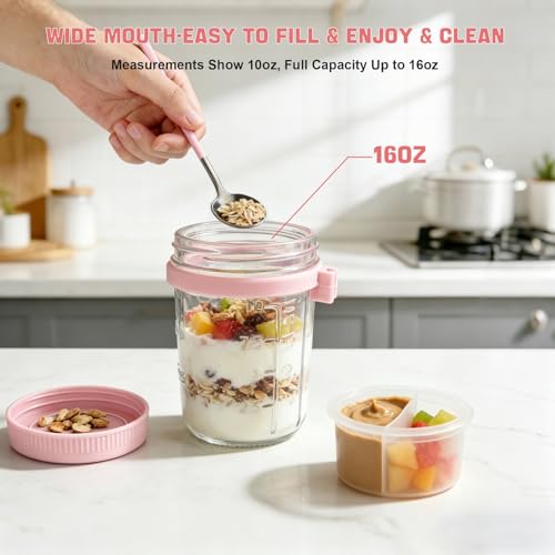 Image of 4 Pack Overnight Oats Containers with Lids and Spoons - 16 oz Glass Mason Jars with Dressing Cup, Over night Oat Jars for Meal Prep, Yogurt Parfait Cup for Chia Seed Salad (Pink)