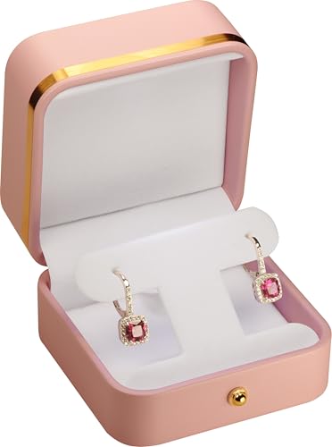 T Style Earring Gift Box for Dangling Hoop and Leverback Earrings Luxury PU Leather Material Multiple Use Necklace Earring Storage Box with Gold Trim Gold Button Decoration for Women Men (1 Pink)