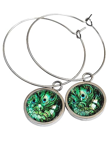 Boucles d'oreilles créoles plume de paon vert