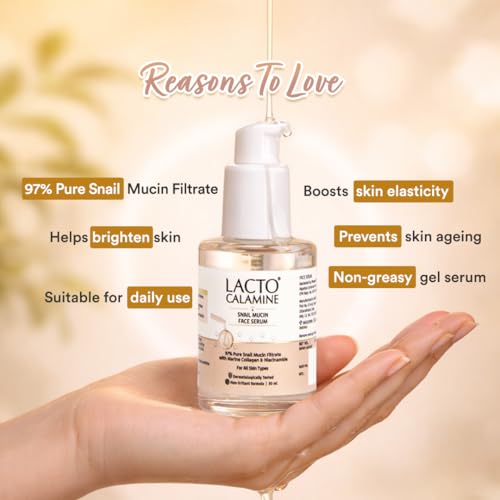 Image of Lacto Calamine 97% Pure Snail Mucin Face Serum with Marine Collagen & Niacinamide | Deep Hydration, Plump & Glowing Skin | Improves Skin Barrier & Elasticity | Korean Skincare Serum | Dermatologically Tested | 30ml