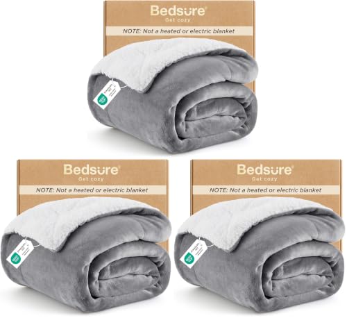 Image of Bedsure GentleSoft Sherpa Fleece Throw Blanket for Couch, Non-Heated, Thick & Warm Cozy Blanket for Winter, Soft Fuzzy Plush Throw Gifts for Women and Men, Grey, 50x60 Inches (Pack of 3)