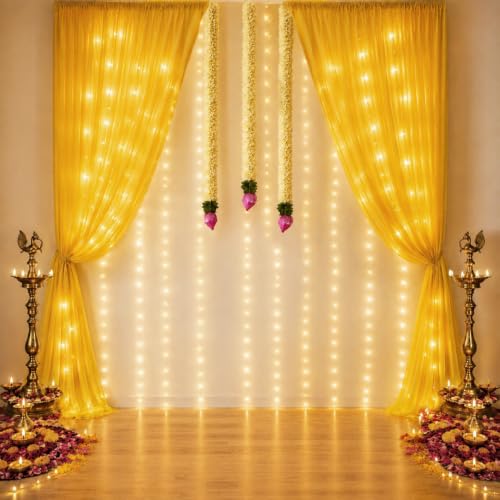 Image of SpecialYou Ganpati Decoration Setup for Home with Lotus Buds Hanging & Yellow Backdrop Cloth for Decoration Pooja Room Decorations Items, Home Decor Items, Ganpati Backdrop Decorations- 9 Pcs