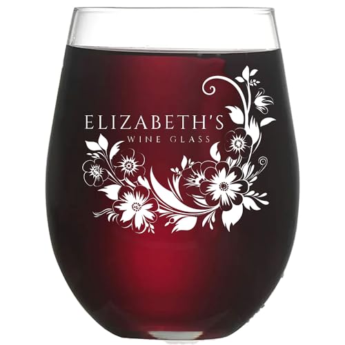 Custom Engraved Stemless Wine Glass - Personalized Monogramed, 15 oz, Made in the USA Wine Glass Tumbler Cup for Her Monogrammed Gifts for Women Birthday Christmas Wedding Bridesmaid