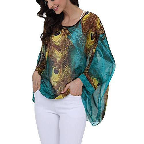 Image of Ckikiou Plus Size Batwing Flowy Semi Sheer Chiffon Blouse Tunic for Women Summer Floral Print Boho Beach Cover ups