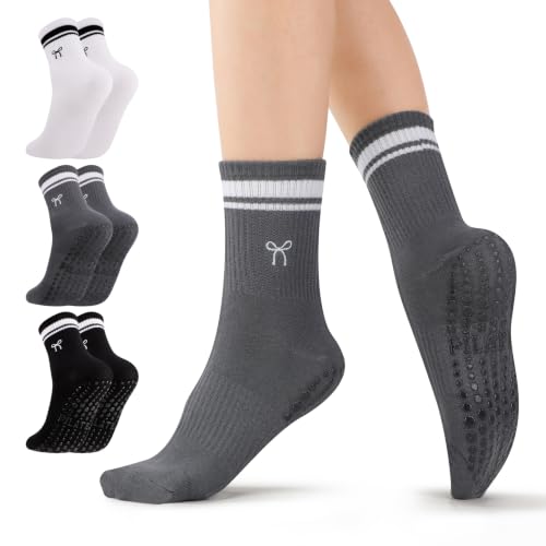Image of soxitoevy 3 Pairs Bow Non-Slip Pilates Yoga Grip Sock for Women, UK 3-7