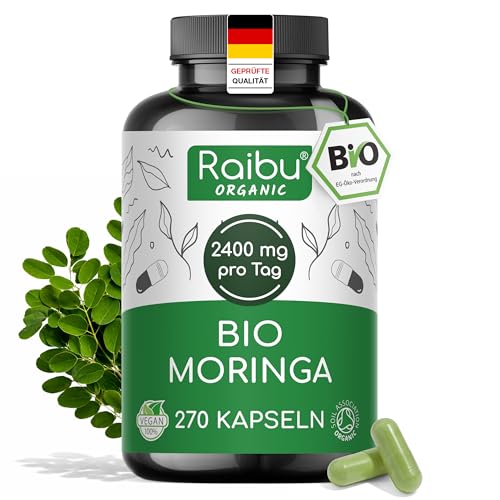 BIO Moringa Kapseln bio-zertifiziert - 270 Kapseln aus Moringa Oleifera Blattpulver - 2400 mg pro Tag - Ohne Gentechnik Laktosefrei Glutenfrei - Hochdosiert & laborgeprüft