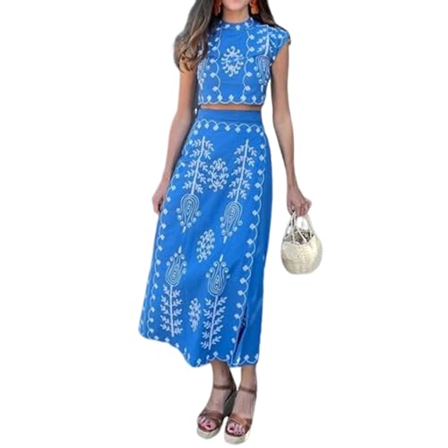 MOLERFO Linen Set Embroidery Two Piece Sets for Women Summer Boho Maxi Skirt Set 2 Piece Sets for Women Going Out (Blue,XS)