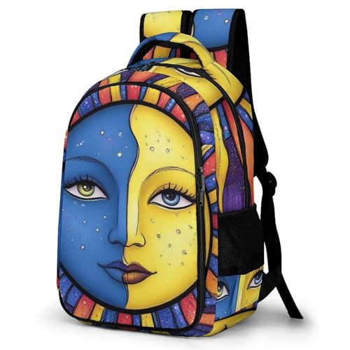 Backpack for Men Women, Cute Hippie Sun Moon Art Adjustable Strap Backpack for Travel, Business, Unisex Comfy Large Capacity Shoulder Bag