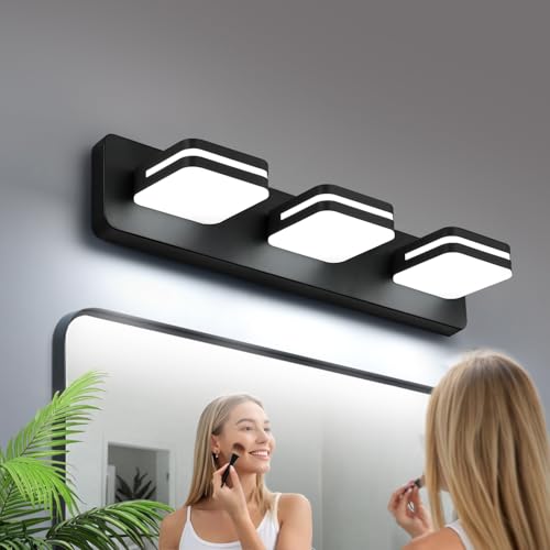 Image of Torondo 360 Rotate LED Bathroom Vanity Light Fixtures, Acrylic Vanity Lights for Bathroom, Modern Wall Lighting Fixtures Over Mirror Living, Matte Black, 100%-0% Natural White, 3-Light, 17-Inch