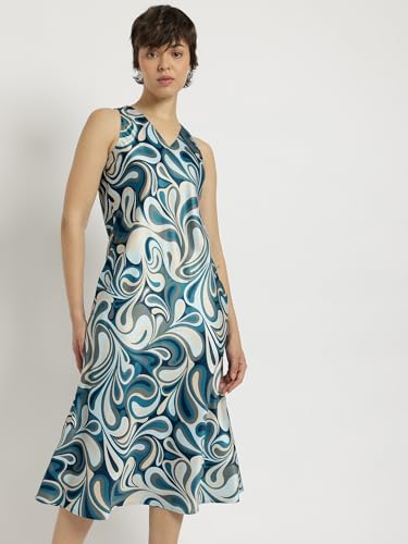 Image of FableStreet Women Party Dress | Elegant A-Line Fit Midi Length V-Neck Sleeveless | Lustrous Satin Fabric for Evening Gatherings & Celebrations