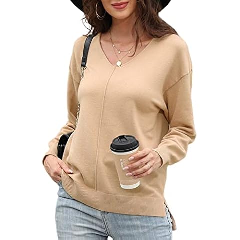 Svanco Womens Jumpers Long Sleeve V Neck Sweatshirt Casual Classic Plain Pullover Lightweight Sweater Knit Soft Solid Color Tunic Top Khaki Cover