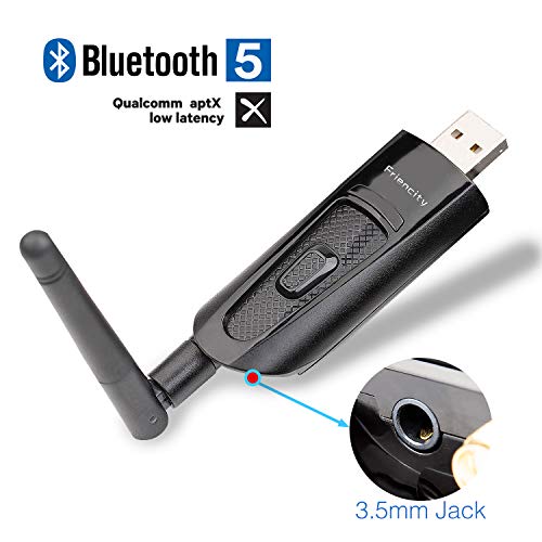 Friencity Bluetooth 5.0 Adaptador de transmisor de audio, adaptador inalámbrico USB Dongle para PC TV Estéreo en el hogar Par a auriculares Bluetooth Altavoces,3.5 mm Aux, Dual Link aptX LL, Plug&Play