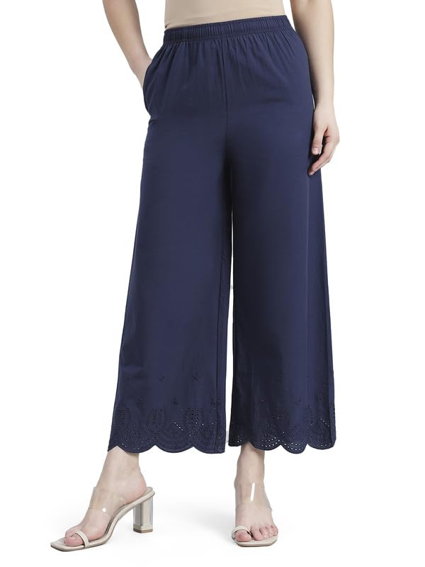 Image of GO COLORS Women's Cotton Hakoba Palazzo | Ankle Length, Schiffli Embroidery, Relaxed Fit, Mid-Rise with Side Pocket