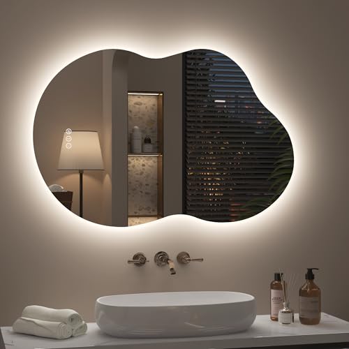 Image of 20x32 Inch Irregular Backlit Bathroom Mirror with Lights | Asymmetrical Lighted Vanity Mirror, Cloud-Shape, Anti-Fog, Dimmable, Memory, 3 Colors, ETL Listed (Horizontal /Vertical)
