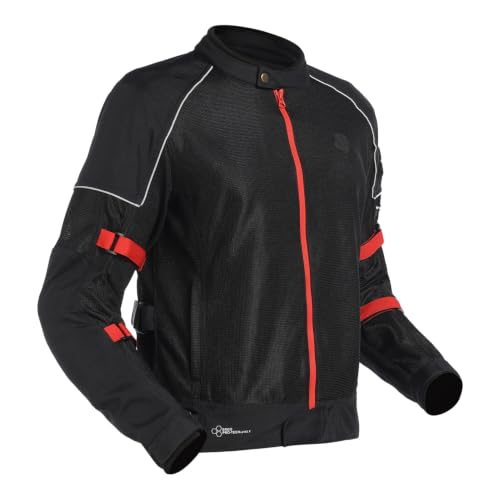 Image of Royal Enfield STREETWIND V3 RIDING JACKET | High Abrasion Polyester Mesh | 610D Cordura Impact Zones | CE Level 2 Ergo Pro-Tech Armours | Adjustable Fit | Cushioned Comfort Collar | BLACK & RED 3XL | Protective gear for bike riding