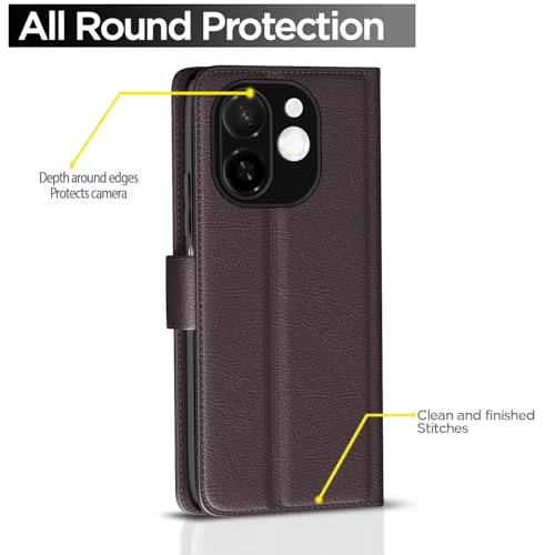 Image of Pikkme Flip Cover for Tecno Spark 30C 5G Leather Finish | Inside TPU with Card Pockets | Wallet Stand and Shock Proof | Complete Protection Button Flip Case(Coffee)