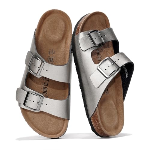 Image of Project Cloud 100% Genuine Leather Flat Sandals For Women 2026 Cork Footbed Womens Sandals with Memory Foam and arch support Vacation Essentials Slides for Women Footwear (Venita)