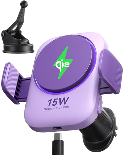 INIU Qi2 Certified 15W Car Phone Holder Wireless Charger, Ultra-Stable 22N for MagSafe Car Mount Charger with Cooling Fins & RGB Lighting Only for iPhone 16/15/14/13/12 Series, Purple
