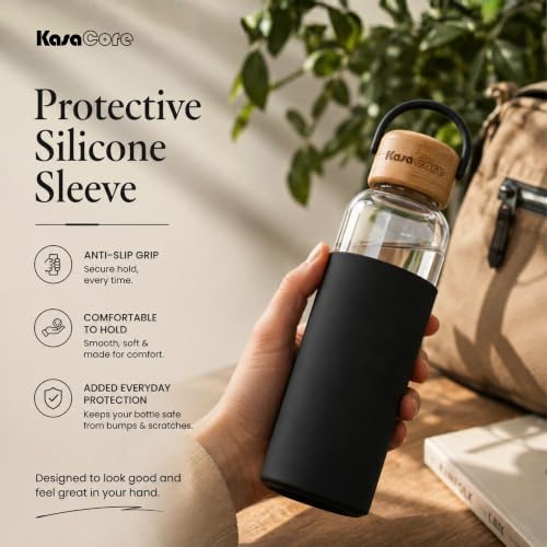 Image of Borosilicate Glass Water Bottle 500 ml | Leakproof Bamboo Lid & Silicone Sleeve | BPA Free Reusable Drinking Bottle for Office, Gym, Travel & Daily Use (Black)