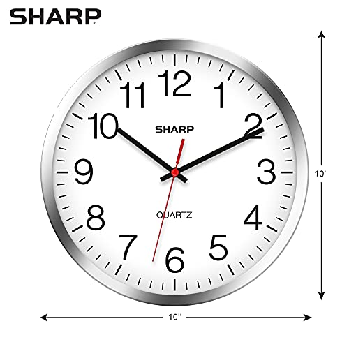 Sharp Wall Clock – Silver/Chrome, Silent Non Ticking 10 Inch Quality Quartz Battery Operated Round Easy To Read Home/Kitchen/Office/Classroom/School Clocks, Sweep Movement #TOP2