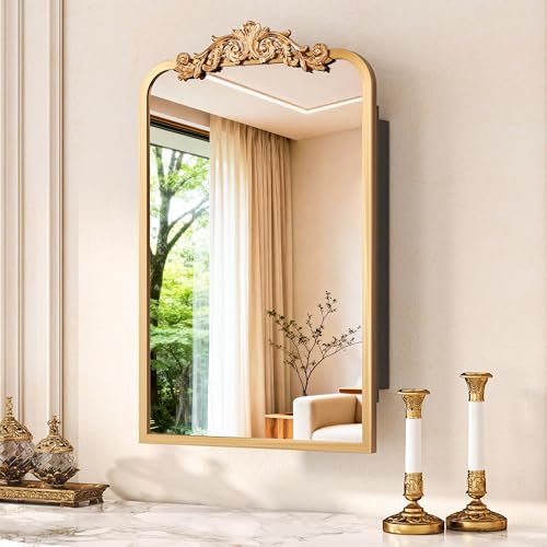 Batuso 24x16 Bathroom Medicine Cabinet with Vintage Arched Mirror - All-Metal Gold Medicine Cabinets with Hand-Painted Aluminum Door Frame 2 Stable & Removable Shelves Gold