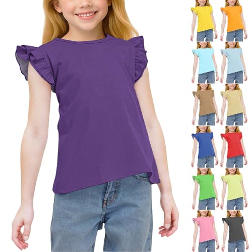 Girls Ruffle Sleeve Summer Shirts Cute Blouse Tops Crew Neck Casual Tees for 3-15 Years2
