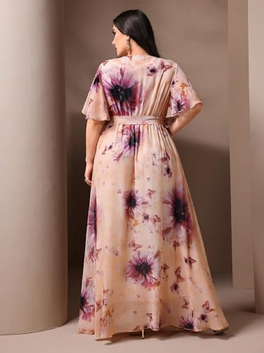 Image of Spring Summer 2024 Plus Size Womens Dresses V Neck Casual Elegant Long Sleeve Floral Print Maxi Dress