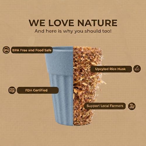 Image of HuskMade Eco-Friendly Tea Cup Set of 4 | Kulhad Style Coffee & Tea Mugs | 140 ml Unbreakable, Stain-Free, Heat Resistant, Reusable, Microwave Safe | Rice Husk & Bamboo Fibre Material | Light Blue