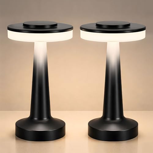 Image of Riakrum 2 Pcs LED Cordless Table Lamp Bulk Rechargeable,Black | Portable Wireless Lamps, 3 Color Stepless Dimming, 15 Hour Battery, Touch Control, Wedding Home Restaurant Decor