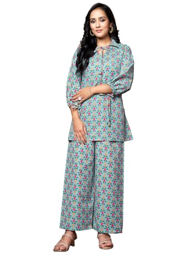 DHRUVI Trendz Womens Cotton Blend Floral Co-Ord Set Regular Fit Night Dress (DT-W1704&TR797_Light Green_Medium)
