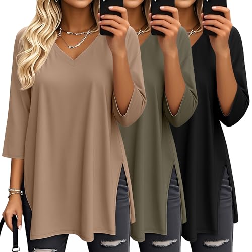 Huukeay 3 Pack Women's 3/4 Sleeve Oversized T-Shirts V Neck Knit Workout Casual Tunic Tops Side Split Loose Basic Tees