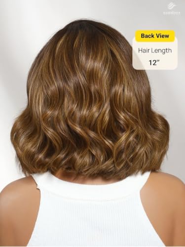 Image of Sunber Bye Bye Slip Ombre Brown Highlight Glueless Bob Wig Human Hair 7x5 Pre Cut Lace Front Loose Wave Drawstring Wig Blonde Face-Framing Highlights Pre Plucked Bleached Knots Ready to Go Wig 10Inch