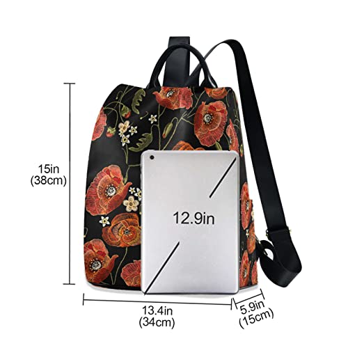 Image of Fustylead Embroidery Red Poppies Backpack Purse for Women Anti-theft Backpack Purse Travel Daypack
