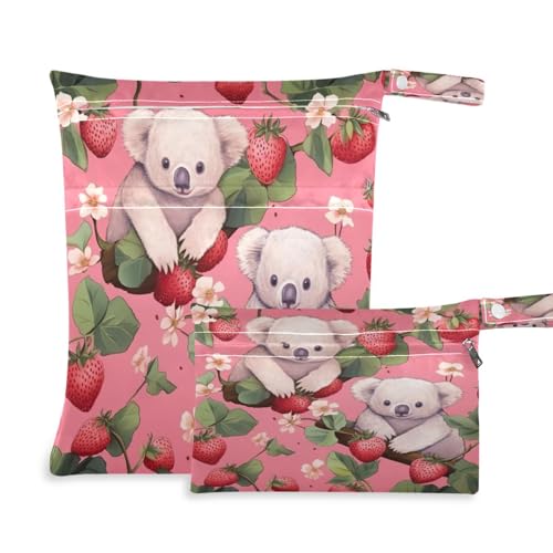 ATTX Two Koalas Strawberries Wet Dry Bags 2-Pack - Reusable Cloth Diaper Storage for Travel, Beach & Gym | Multi-Use Waterproof Bags for Swimsuits, Baby Clothes, Sports Gear#358