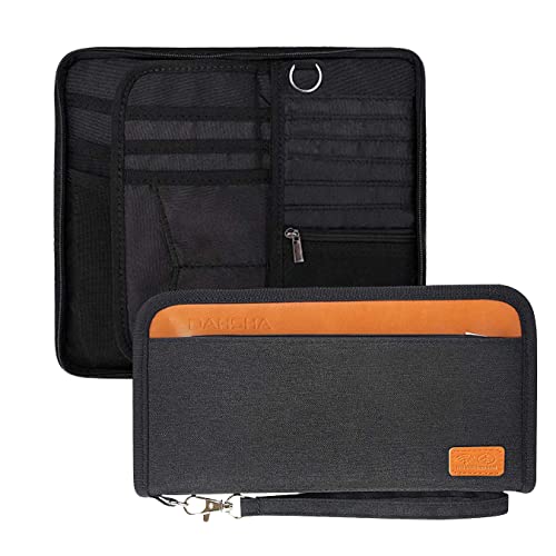 Image of DAHSHA Unisex Nylon RFID Travel Family Passport Holder Card Holder Wallet Travel Accessories Document Organizer, Passport Cover, with Removable Hand Strap (Black- 12.5 x 3 x 23 cm)
