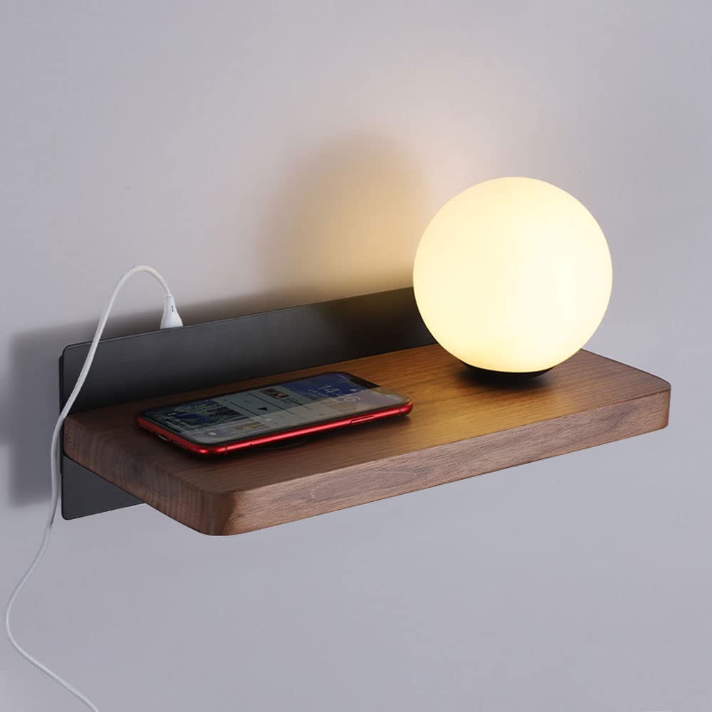 SXECAEPS Globe Walnut Wall Light Glass Bedside Sconce Lamp with USB Port Charging, Modern Headboard Lighting Fixture, Contactless Charge G9 Lamps for Bedroom Living Room