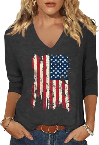 Scgirl Womens 3/4 V Neck Sleeve American Flag Shirts 4th of July Summer Shirts Graphic Tops (L,1262SC1 Dark Grey)