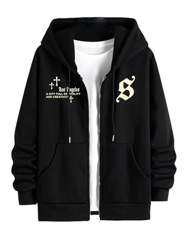 ZAFUL Men's Letter Graphic Zip Up Hoodies Long Sleeve Fleece Sweatshirts Drawstring Streetwear Jacket