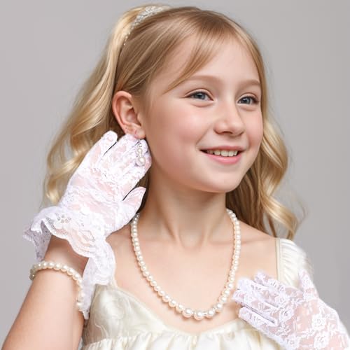 Fumwase 4 Pcs Pearl Necklace Bracelet Earrings Jewelry Sets and Short Lace Gloves Girls for Tea Party Sets Wedding Pageant Halloween Cosplay4