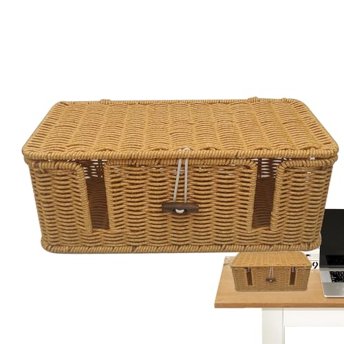 Caja de gestión de cable | Caja de almacenamiento de alambre electrónico tejido a mano | 4 ranuras abiertas, organizador de imitación de ratán, soporte de cable eléctrico, solución de almacenamiento