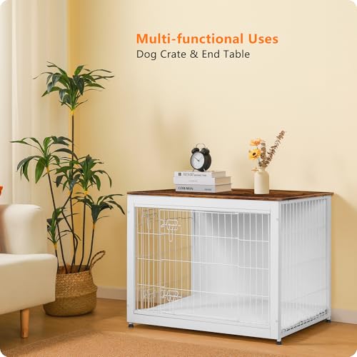DWANTON Dog Crate Furniture with Cushion, Wooden Kennel Table with Double Doors, Indoor Dog House, Large Size, 38.5" L, White+Rustic Brown by Dwanton - Image 7