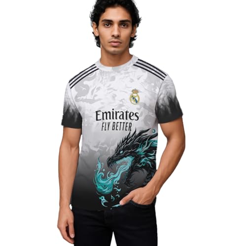 Image of Real Madrid Dragon Jersey, White and Black Gradient, Turquoise Dragon Design, Football Club Crest