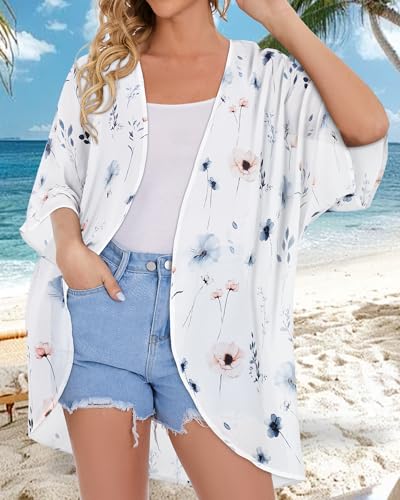Image of Women's Floral Print Puff Sleeve Kimono Cardigan Loose Cover Up Casual Blouse Tops 2026